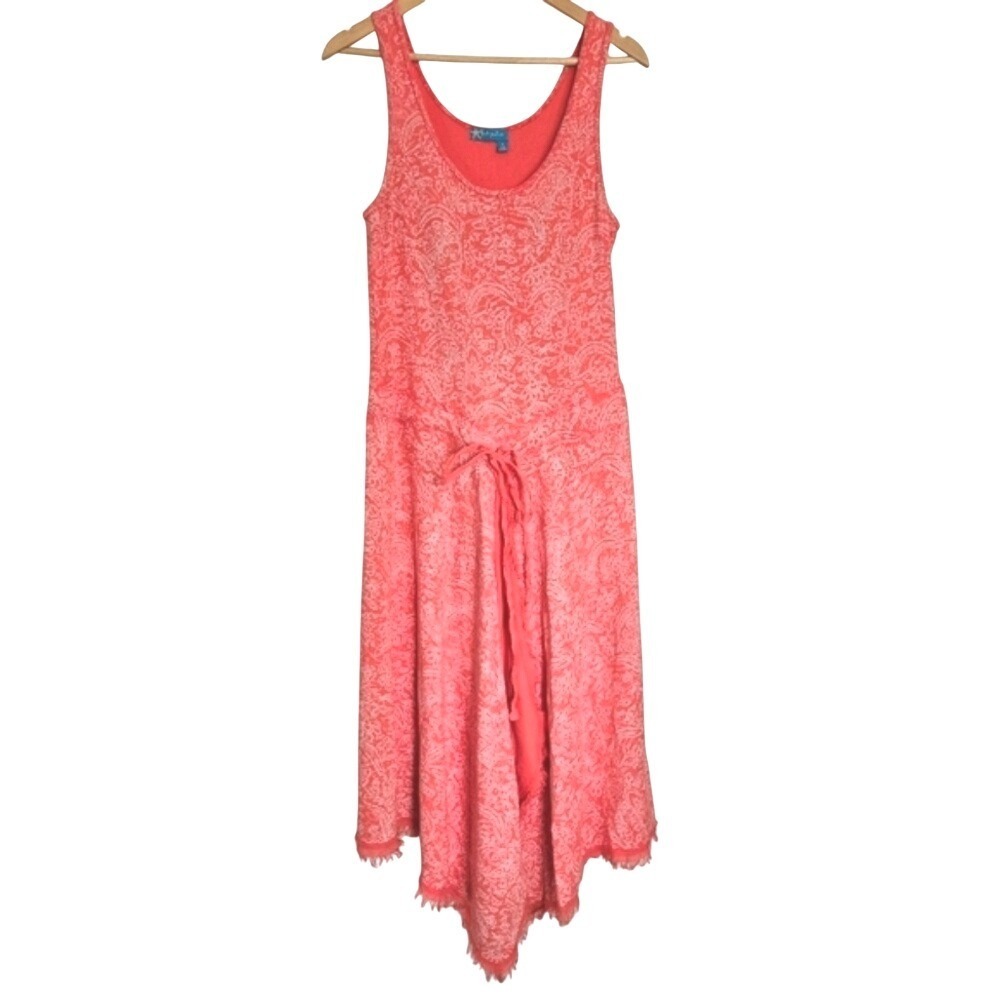 Fresh Produce Coral Paisley Cotton Knit Asymmetrical Hem Midi Tank Dress Large